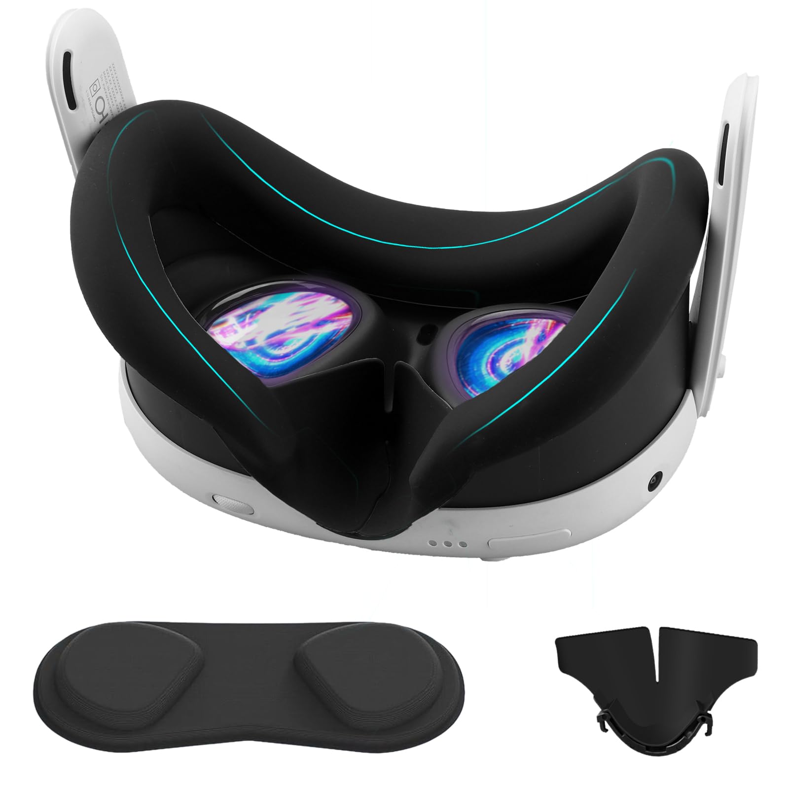 VakdonSilicone Face Pad Cover Compatible with Meta Quest 3 Face Cushion with Light Blocking Nose Pad and Lens Cover Protector, Washable Sweatproof Non-Slip VR Accessories for Quest 3 (Black)