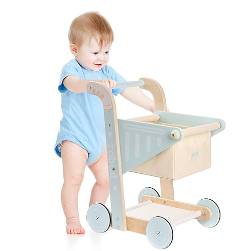 ROBOTIME Baby Wooden Baby Push Walker Toy, Wooden Shopping Cart Toy for Toddler Kids, Push Toy for Babies Learning to Walk for Toddler Kids, Boys