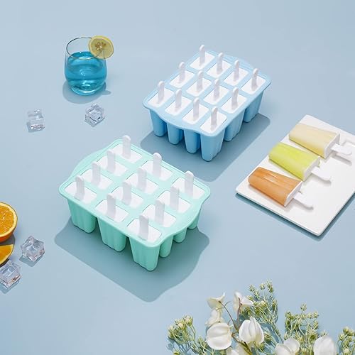 Vista 4 de Moldes para paletas de hielo, 12 piezas de silicona para paletas de hielo, molde de silicona libre de BPA reutilizable, 14 varillas, fácil Verde