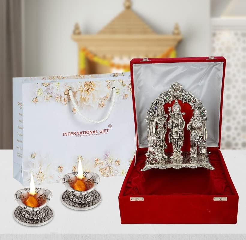 INTERNATIONAL GIFT® Silver Plated Ram Darbar GodIdol Statue Oxidized Finish with 2 Piece Hand Diya with Beautiful Velvet Box Packing and with Carry Bag (24H x 21W x 11L Centimeters)