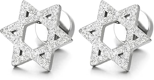 Pendientes de tuerca de satén con diseño de estrella de David para hombre y mujer en acero inoxidable, rosca trasera, 2 piezas