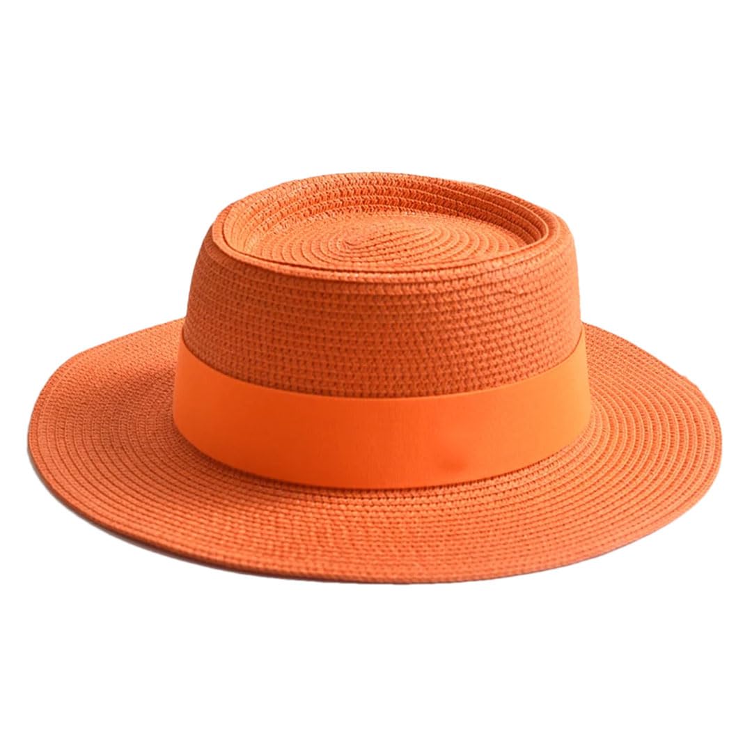 EYRMQWJPC Wide Brim Sun Hat, Women Summer Straw Sun Hat Flat Brim Ribbon Beach Travel Dress Multicolor(Orange)