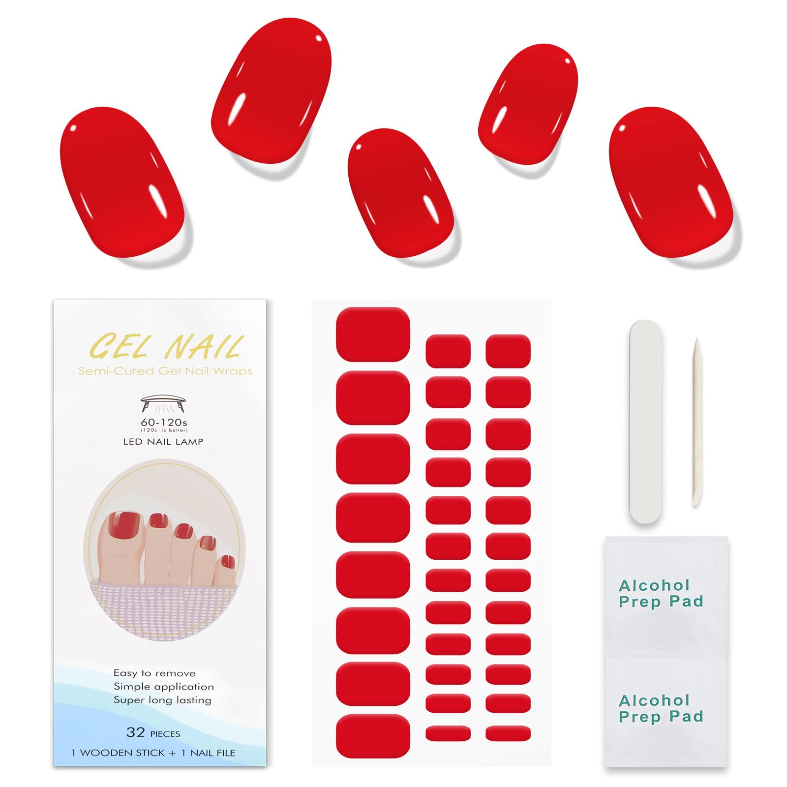 JMEOWIO Gel Toenail Stickers Red Semi Cured Gel Toenail Strips Wraps UV/LED Toenail Supplies Toenail Art Design Decoration Accessories