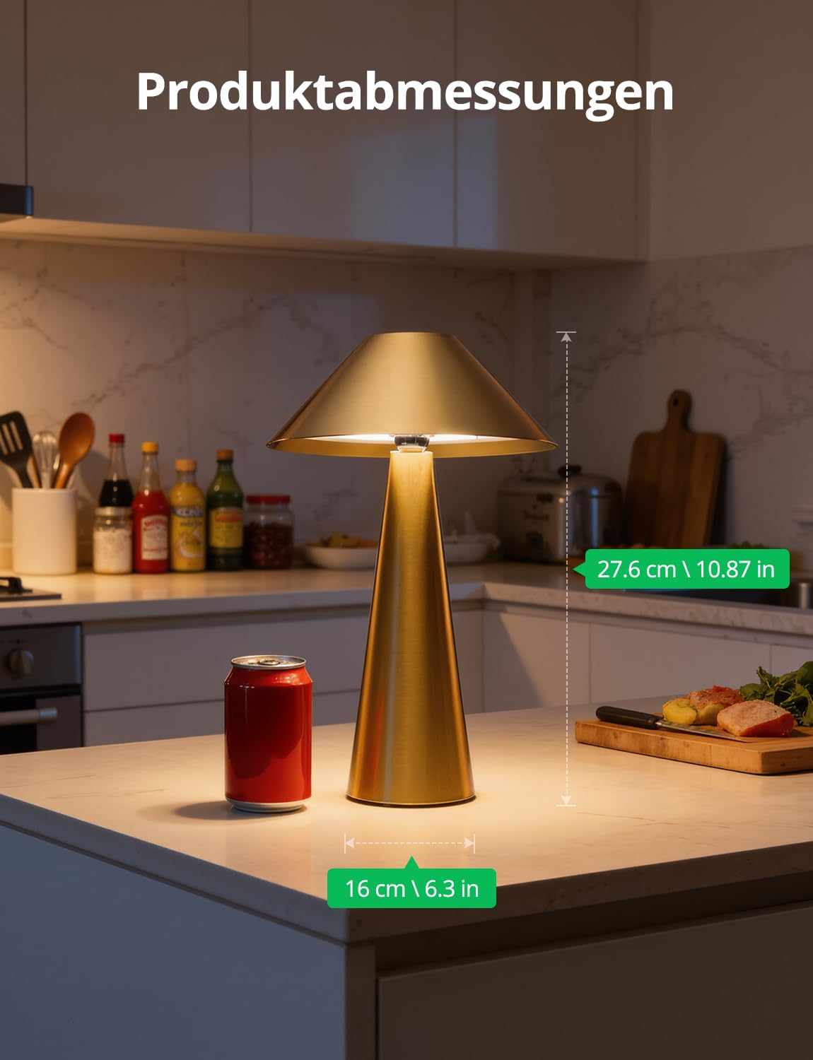 BOJIM Gold LED Tischlampe Kabellos Akku USB Aufladbar, Touch Dimmbare Tischleuchten mit Magnet Outdoor IP54 Wasserdicht, Schreibtischleuchte Ohne Kabel Lampenkopf Drehbar für Balkon Table, Indoor