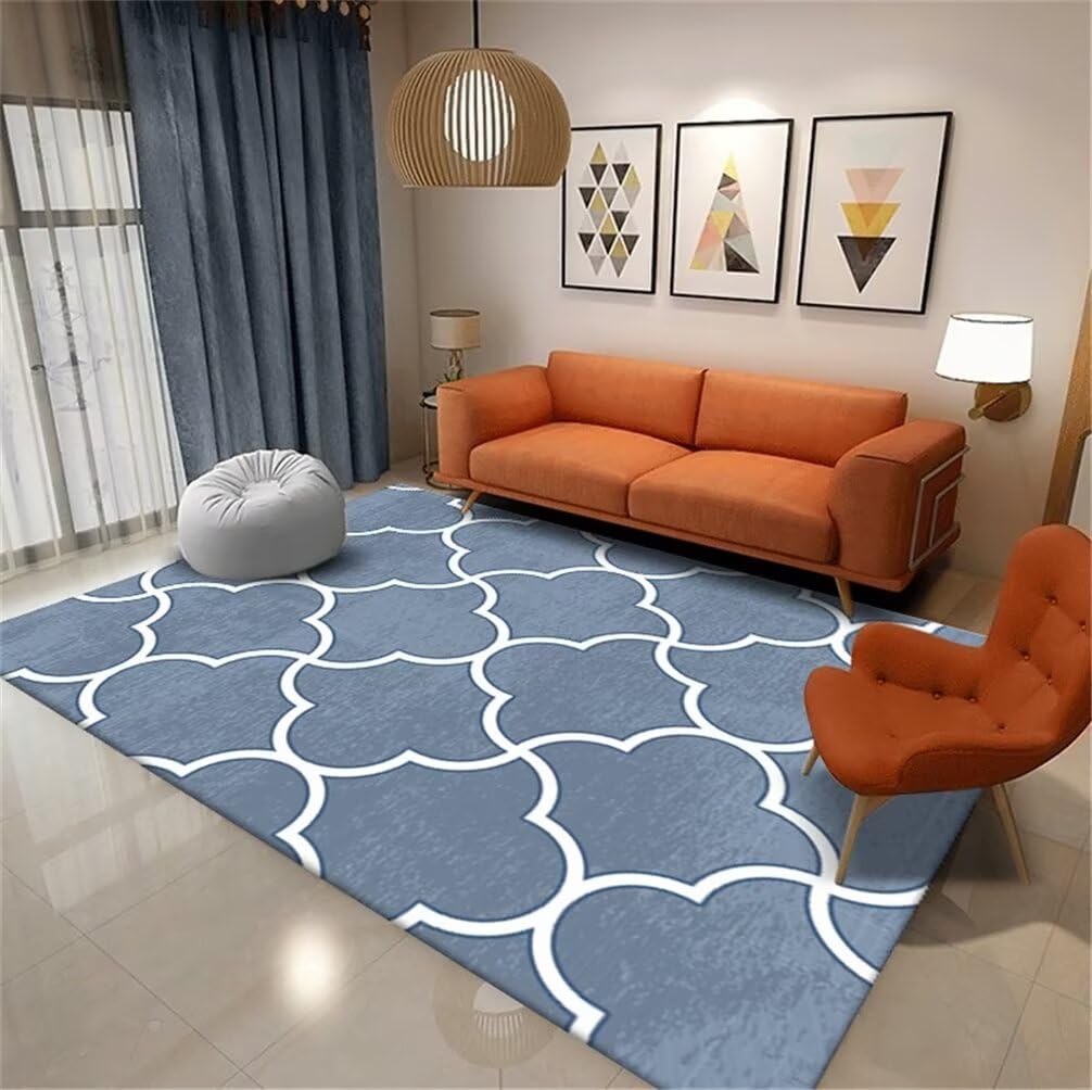 Grand tapis salon manga bleu 200x300cm tapis chambre lavable motif grille moderne
