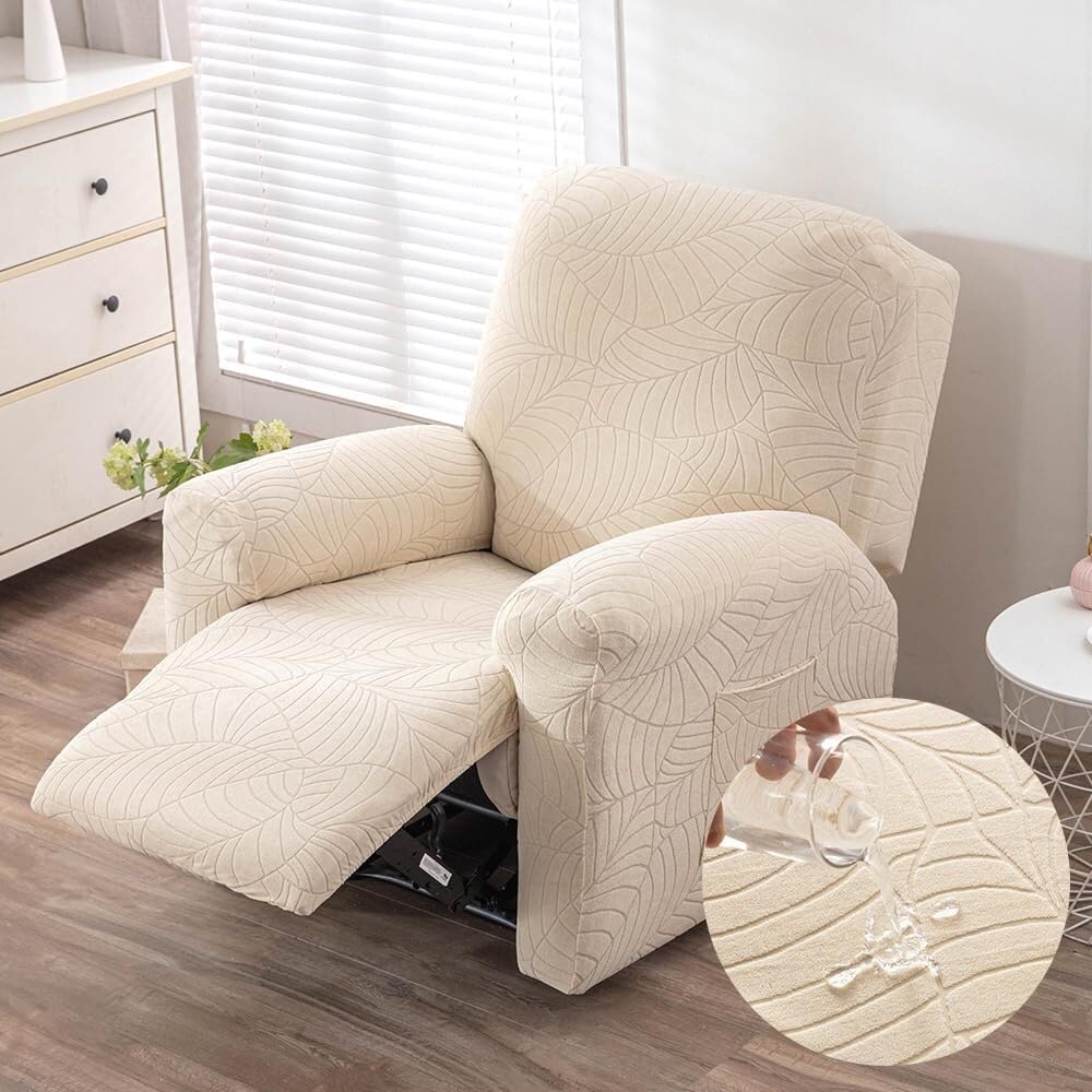 Xiao Ren Beige Waterproof Jacquard Recliner Chair Covers, Stretch Electric Reclining Cover 4 Pieces With Side Pockets, Thick Non-Slip Armchair Covers For Living Room, Seperately-Clean(Beige)