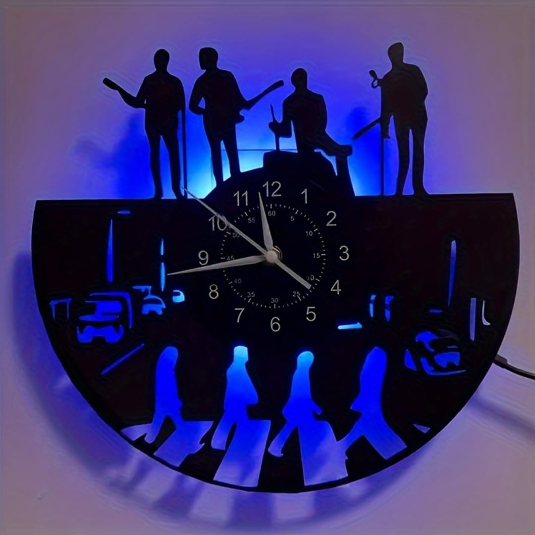Horloge murale LED en vinyle avec motif bande de musique, horloge murale rétro avec rétroéclairage 7 couleurs, horloge murale décorative musicale, cadeau pour les amateurs de musique