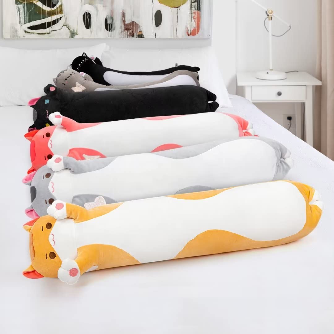 Mewaii Cuscino morbido a forma di gatto, lungo 129,5 cm, con peluche a forma di gattino che dorme e abbraccia, giocattolo per bambini (arancione)