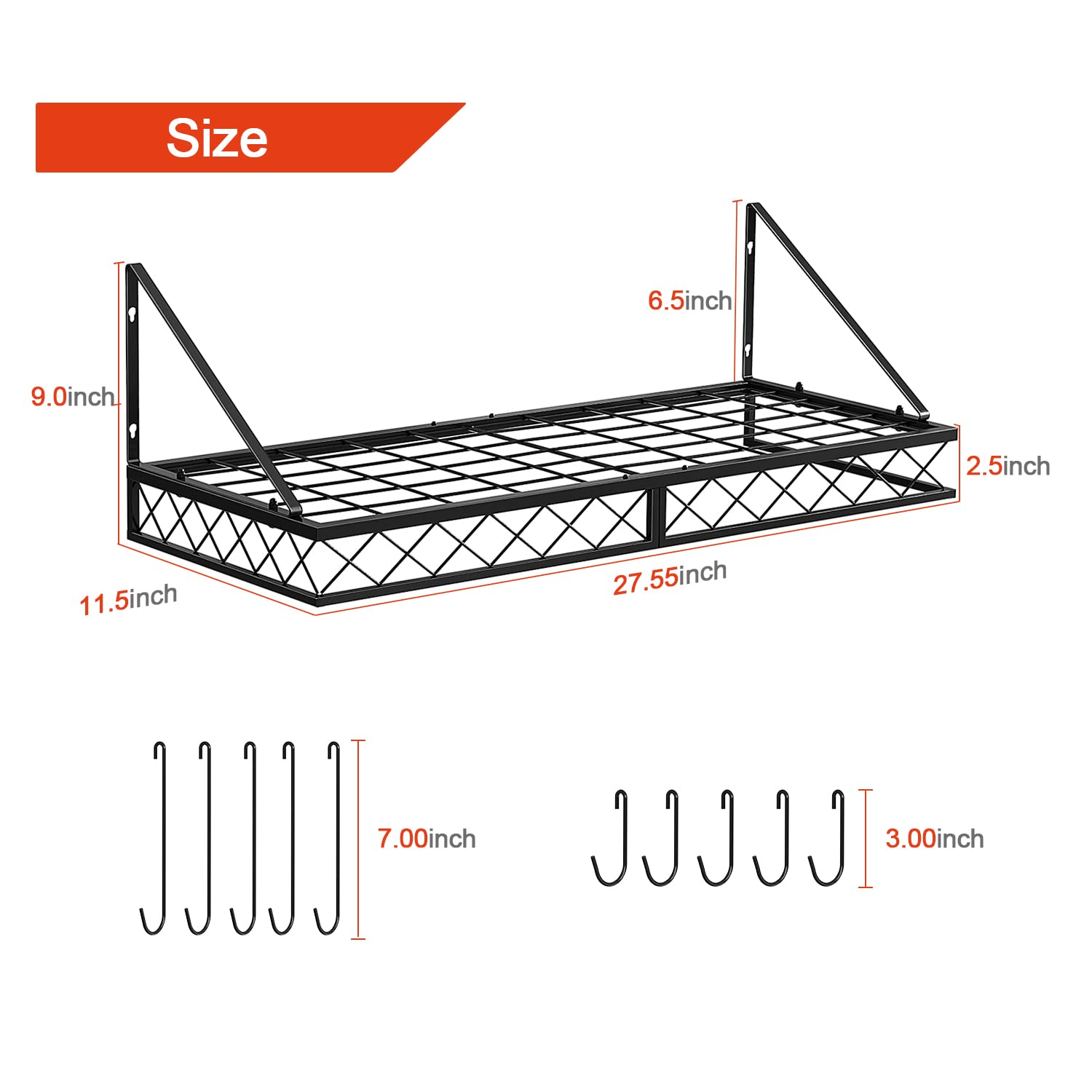 Bomclap Kitchen Rack, Pot Holder, Iron Kitchen Shelf, Hanging Pot Rack with 10 Hooks, Kitchen Wall Shelf, Pan Rack for Pots and Pans, 70 x 28 x 23 cm