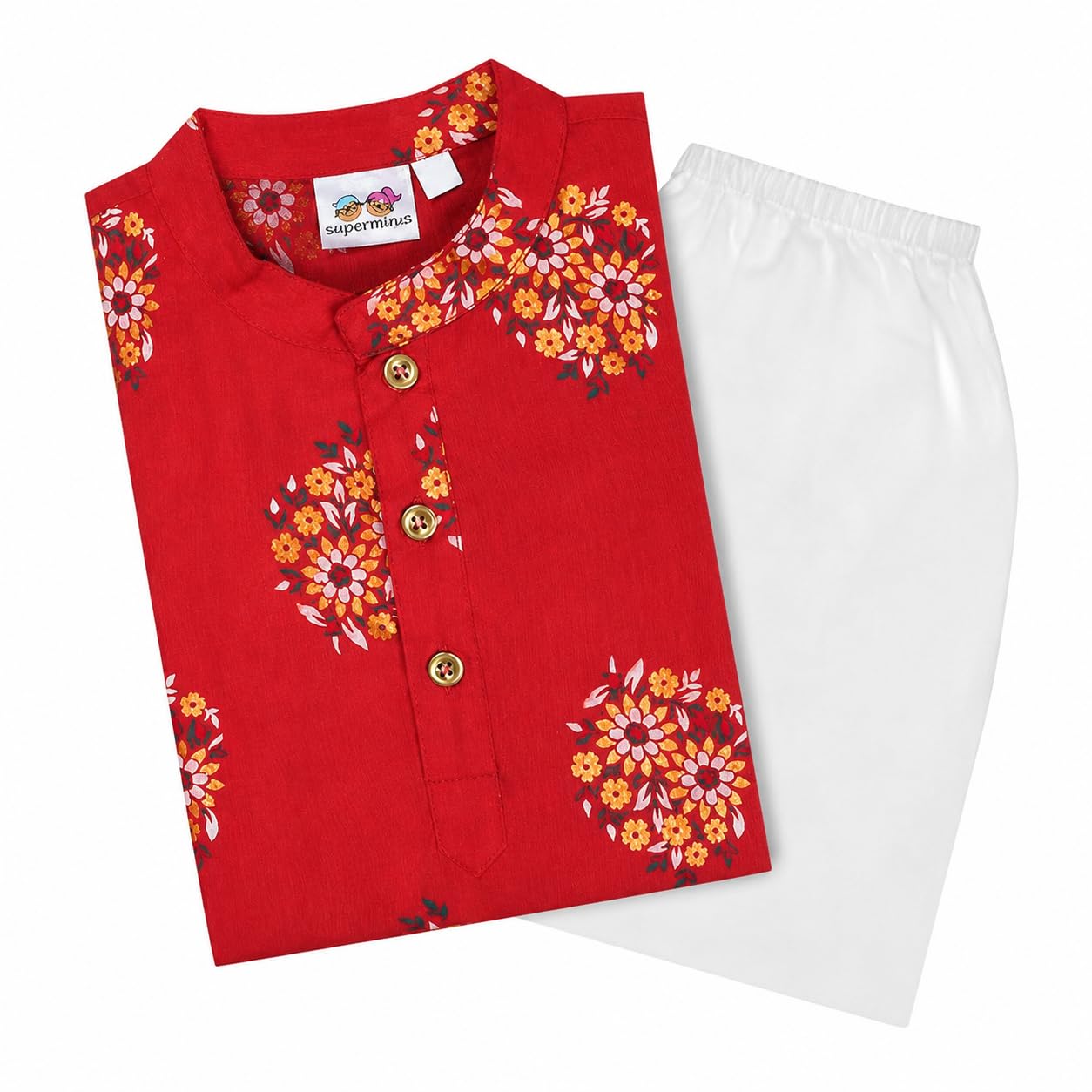 superminis Boys Cotton Kurta Pyjama Set | Gold Foil Printed Ethnic Wear for Kids | Baby Boy Kurta Set with Elastic Pyjama | Festival & Wedding Outfit