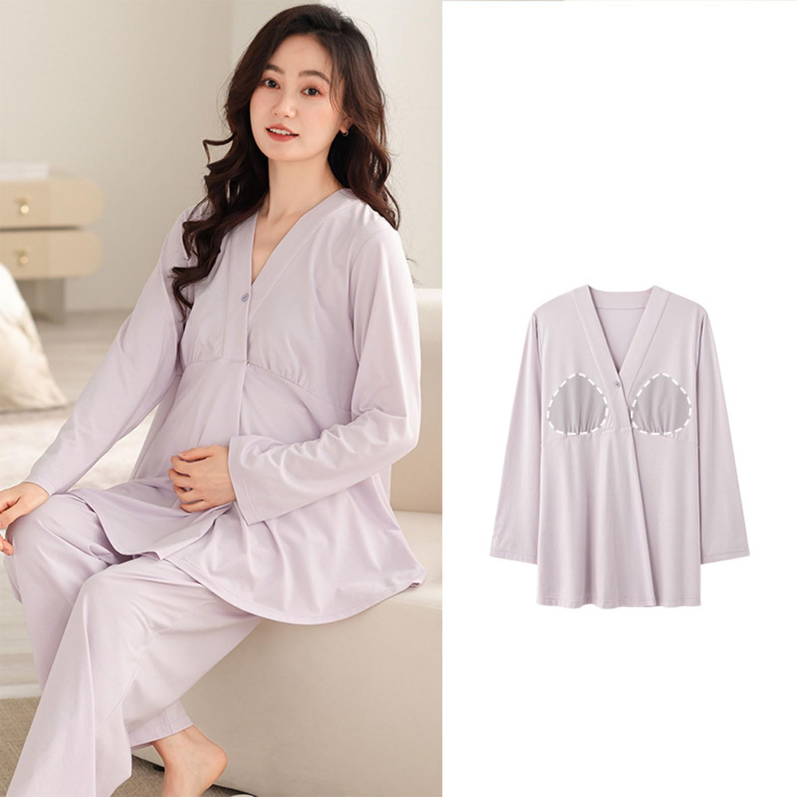 Set di pigiama per allattamento da 2 pezzi, per donne incinte, con imbottitura sul petto integrata, vestibilità elastica, con pantaloni, pigiama per allattamento al seno integrato