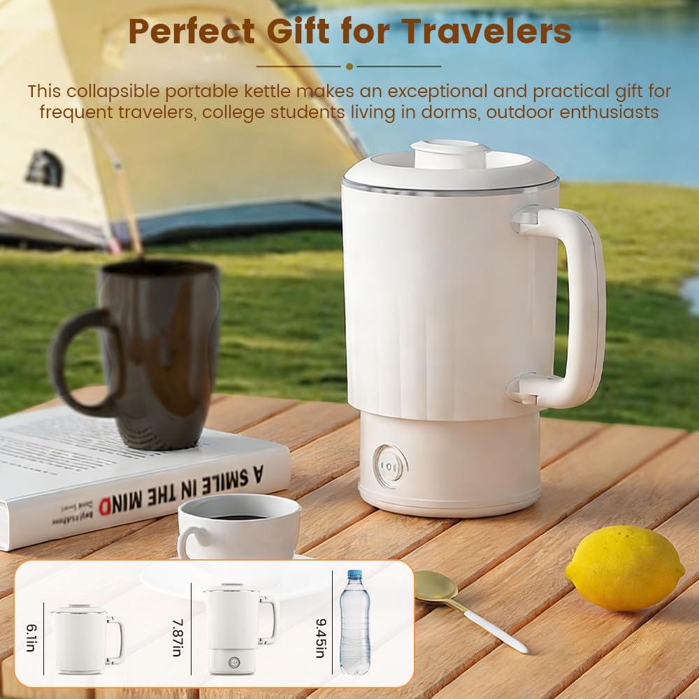 Collapsible Electric Kettle for Travel, Portable Foldable Kettle with Fast 600W Boiling, Compact Silicone Water Boiler for Hotel, Camping, Office and Dorm (800mL, Beige)