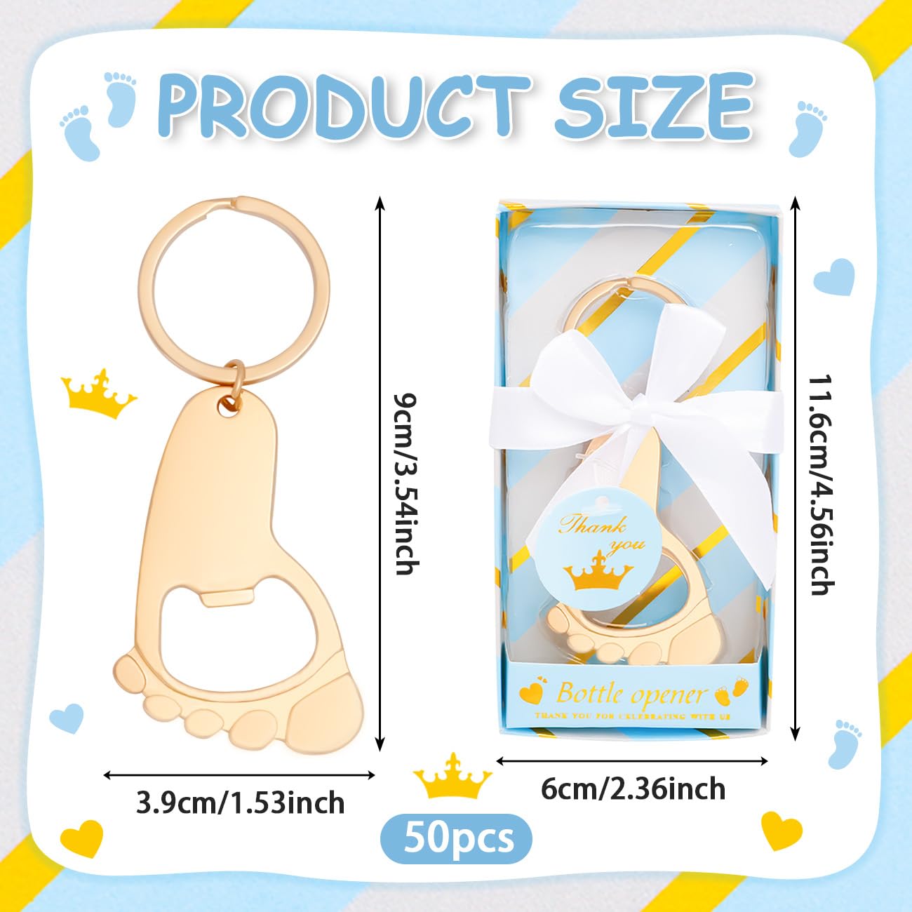 50Pcs Baby Boy Foot Keychain Footprint Bottle Openers Footprint Keychain Bottle Opener Small Foot Bottle Opener Keychain Baby Shower Return Gift for Party Favors with Blue Boxes