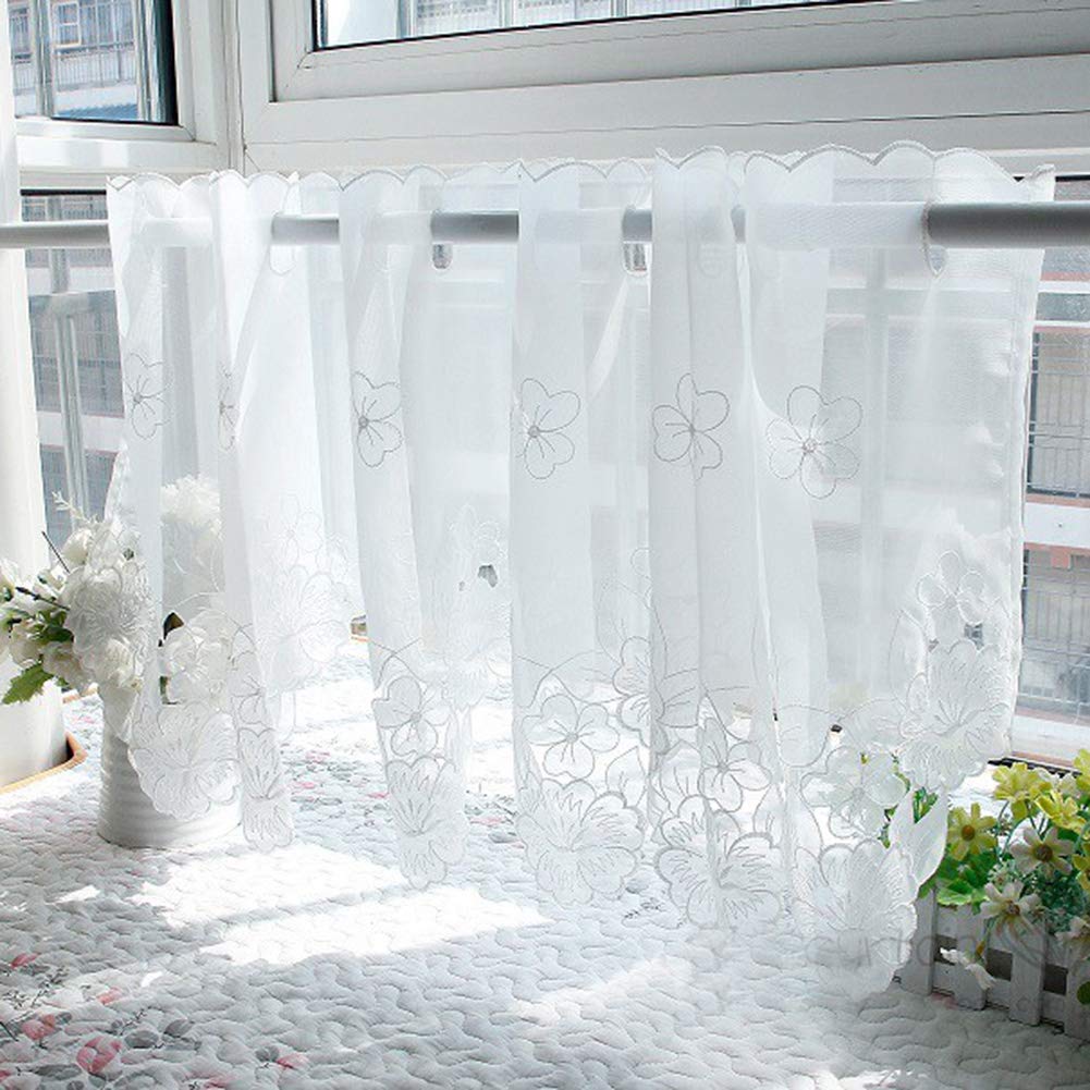 CRYSEU Short Curtains, Solid White Embroidered Sheer Window Curtain Valance, Grommet Short Kitchen Curtain, 1 Piece(W175xH43cm/W69xH17in)