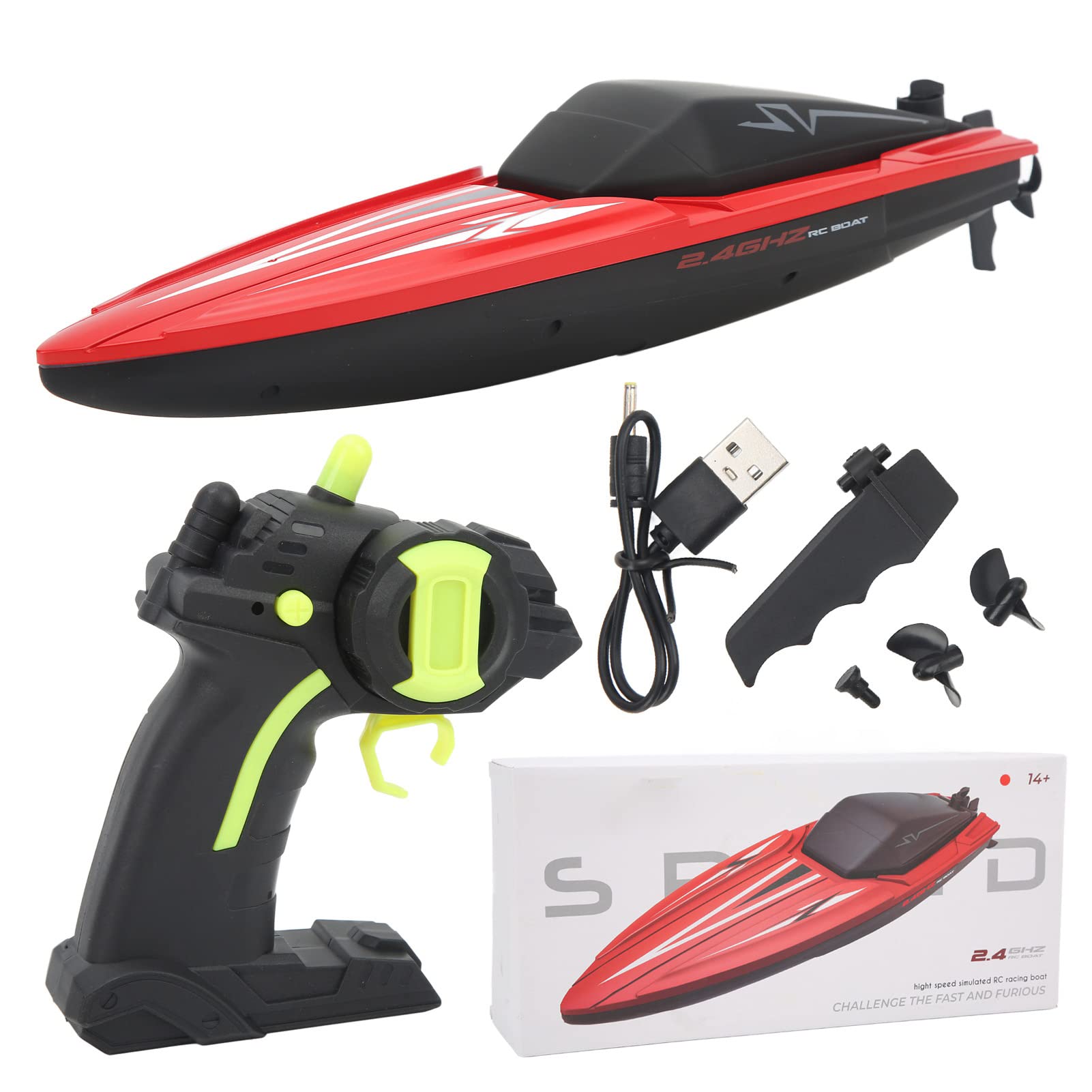 BuyWeek Bateau Télécommandé, 2,4 GHz 4 Canaux Double Moteur Bateau RC 30 Km/H Haute Vitesse Étanche pour Enfants de Plus 14 Ans et Adultes (Rouge)