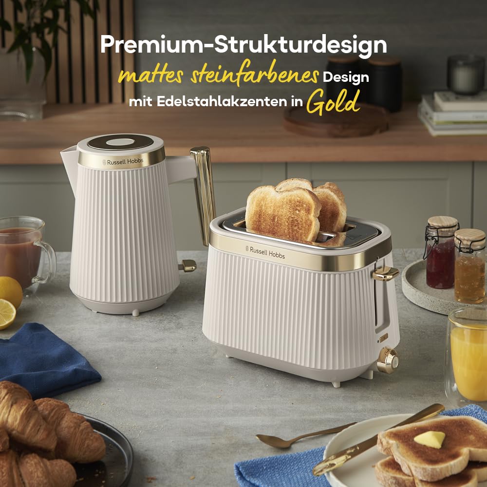 Russell Hobbs Toaster [für 2 Scheiben] Brontë Stone (6 Bräunungsstufen, Mattes Finish, Goldakzente, Lift & Look, Auftaufunktion, Aufwärmfunktion, Stop- & Hebefunktion, Brötchenaufsatz) 26761-56