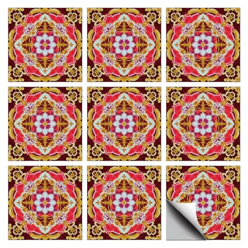 CHGCRAFT 36 Pcs Tile Stickers Retro Style Red Florals Peel and Stick Wall Stickers Red Florals Spanish Geometric Waterproof Self Adhesive Stick on Tiles Decals for Bathroom Art Decor, 4×4 Inch
