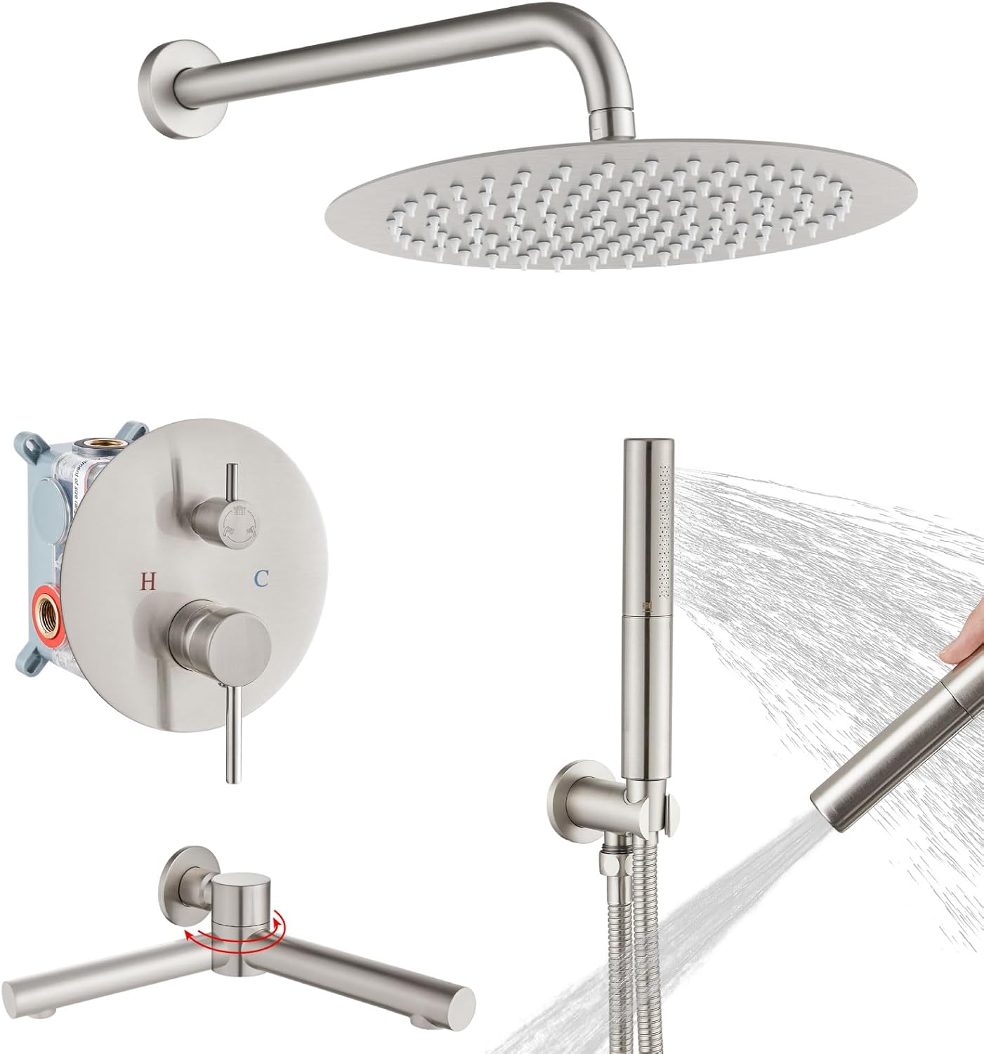 Airuida Bathtub Shower System with Tub Spout Brushed Nickel 3-Function Swievling Tub Shower Faucet Set with Tub Spout 12 Inch Round Rainfall Shower Head 2 Functions Hand Held Spray Rough-in Valve