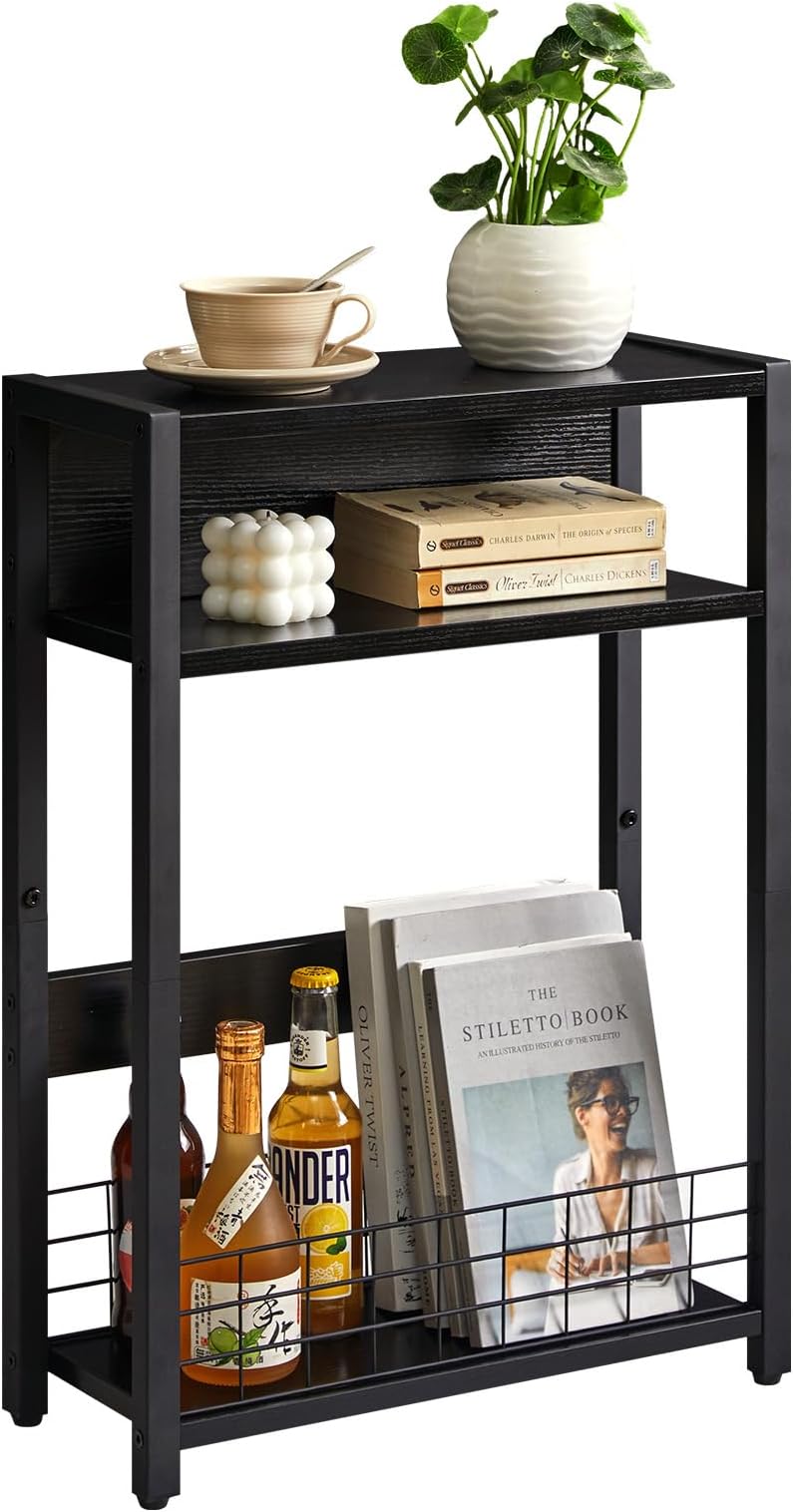 IBUYKE Narrow Side Table with Storage Shelf, 3 Tier End Table,Modern Sofa Table,Small Nightstand with Magazine Rack,Telephone Table for Small Spaces,for Living Room, Bedroom, Black TMZ001B