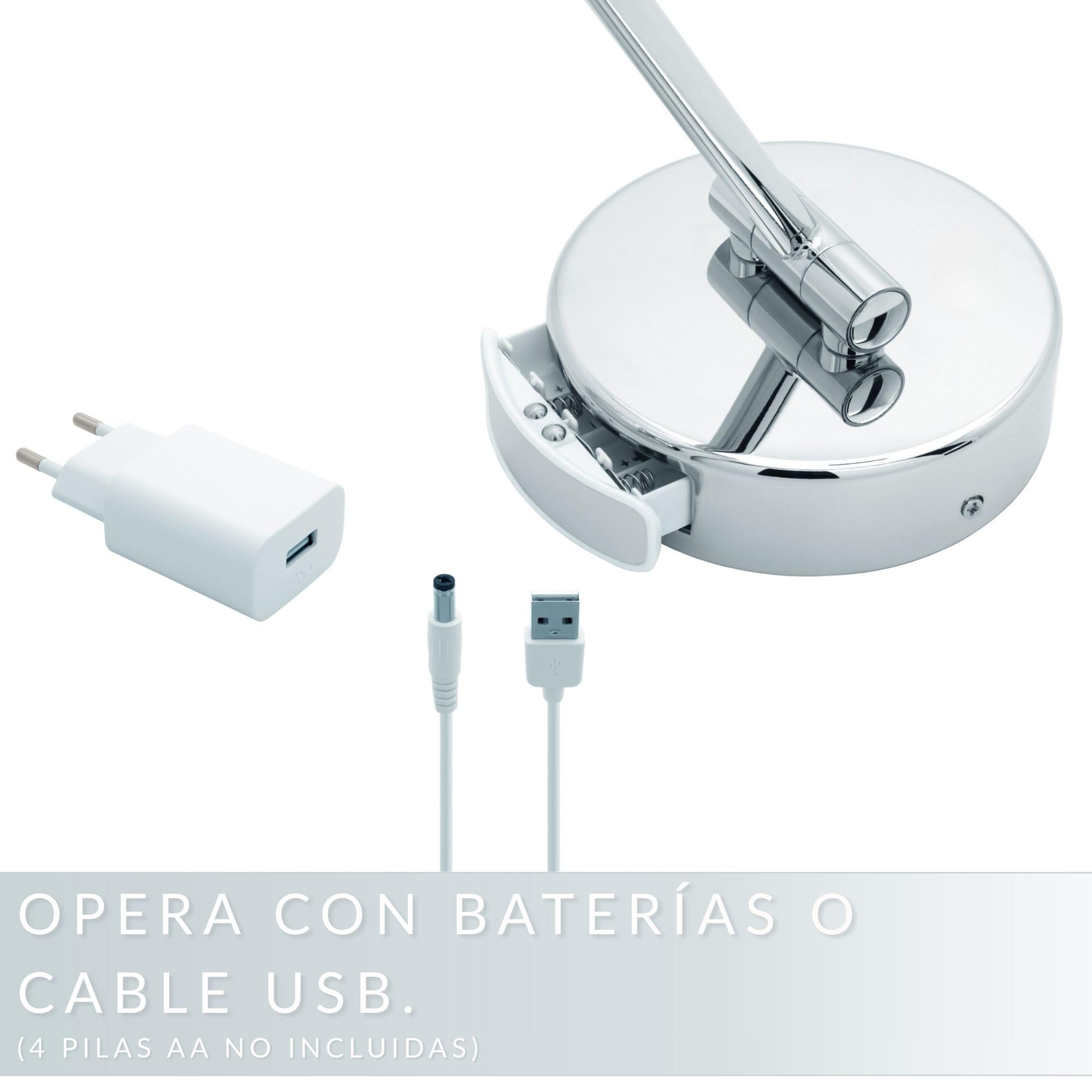 Tokio Espejo de Maquillaje de Aumento XXL de Pared a LED – Aumento 5x/10x con Atenuador y Auto-Off – Brazo Extensible Ø 18,5 cm – Alimentación a Pilas o Cable USB