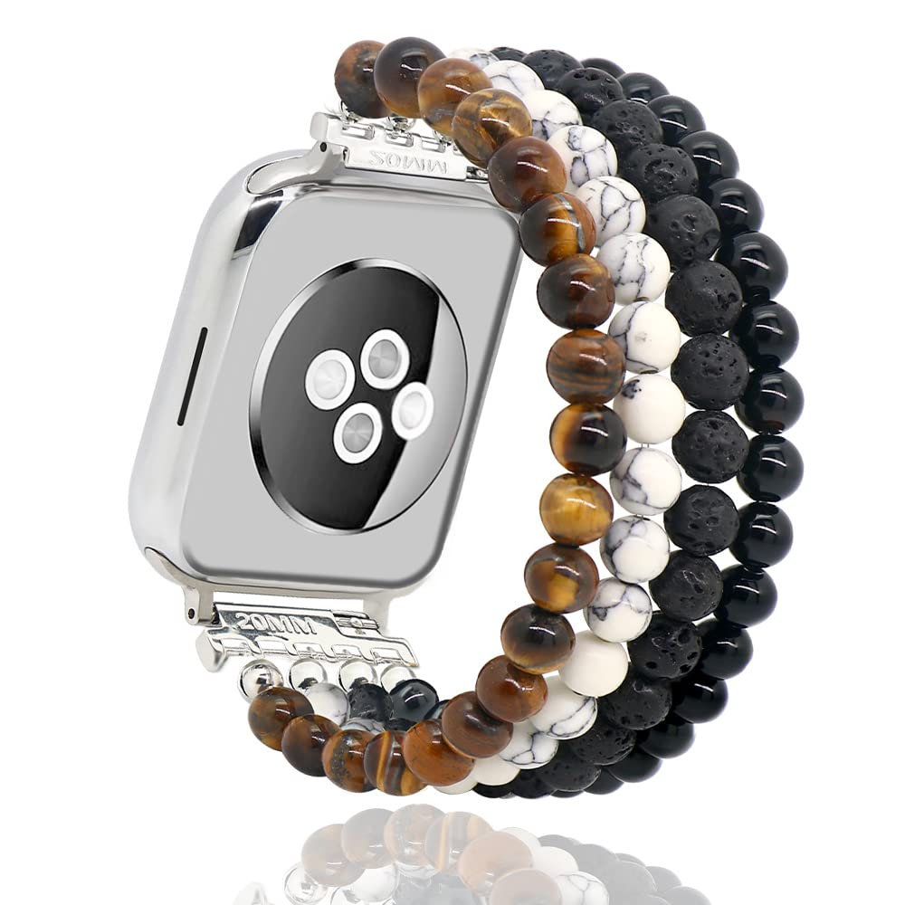 Natural Stone Beaded Bracelet Compatible with Apple Watch Band Series 9, 10, Ultra 2, SE, Ultra 8 7 6 5 4 3 2 1, Elastic Stretchy Watch Strap for iWatch Band 38mm 40mm 41mm 42mm 44mm 45mm 49mm Women