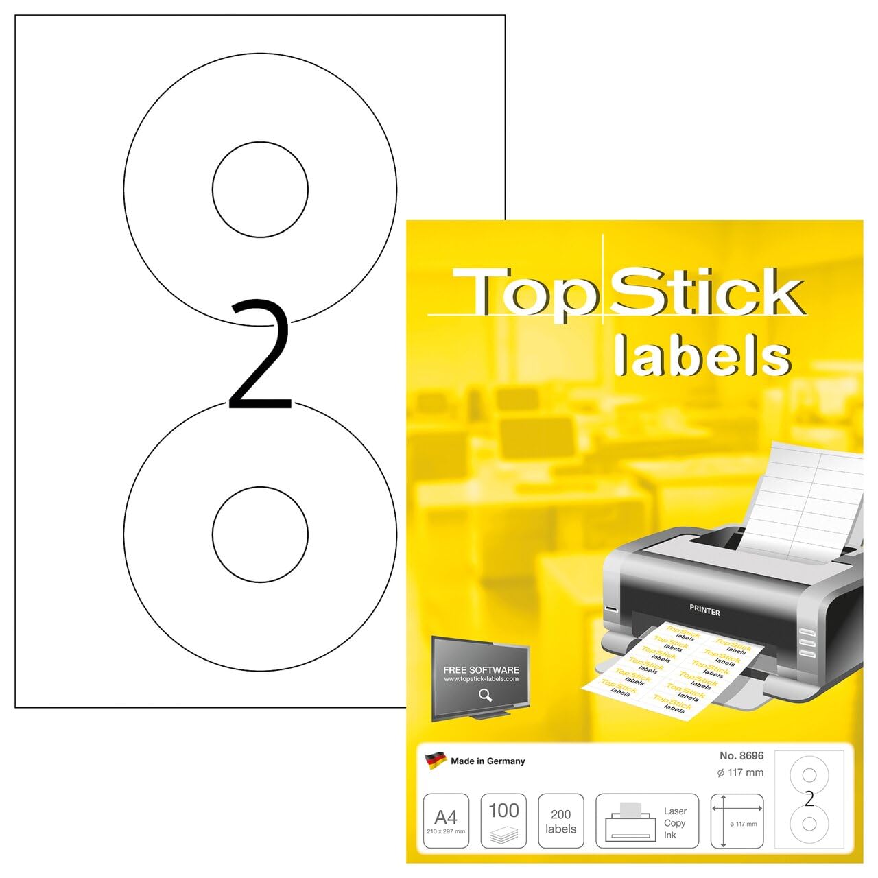 TopStick 8696 CD DVD Etiketten, 1000 Blatt, Ø 117 mm, 2 pro A4 Bogen, 2000 Stück, selbstklebend, bedruckbar, matt, blanko Papier Klebeetiketten Aufkleber, weiß