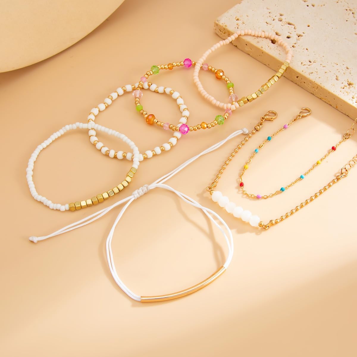 ALEXTINA 7Pcs Gold Bracelet Stack for Women, Colorful Stretch String Bead Bracelets Stackable Friendship Bracelets Adjustable, Birthday Jewelry Gift - Image 5