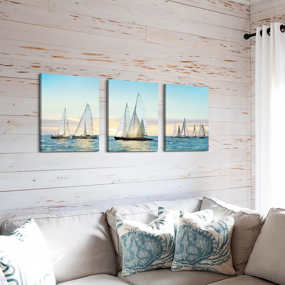 Hardy Gallery Arte de pared de velero, imágenes costeras: decoración de pared náutica, arte de vela, impresión de océano azul en lienzo para baño, 12 x 16 pulgadas x 3 paneles