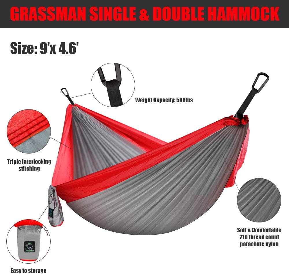 Camping Hammock Double & Single Portable Hammock with Tree Straps, Lightweight Nylon Parachute Hammocks Camping Accessories Gear for Indoor Outdoor Backpacking, Travel, Hiking, Beach