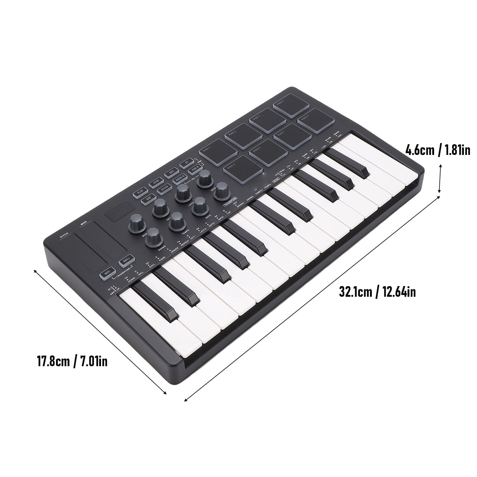 Teclado MIDI, Controlador MIDI Portátil con 25 Teclas, 8 Pads Retroiluminados RGB y 8 Perillas para Grabación en Computadora Producción Musical Piano Eléctrico (Negro)
