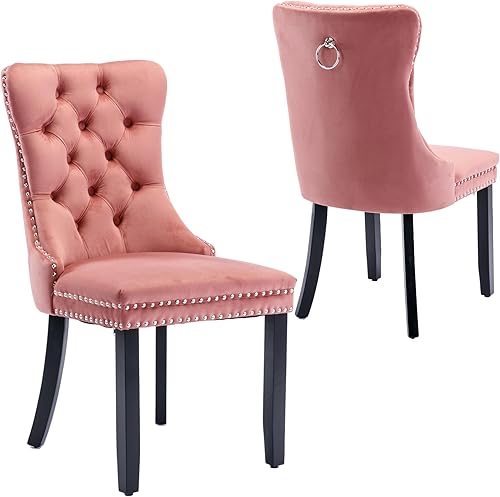 Rhomtree Sillas de comedor contemporáneas con botones capitoné tapizados de terciopelo de alta gama con respaldo de cabeza de clavo y moldura de
