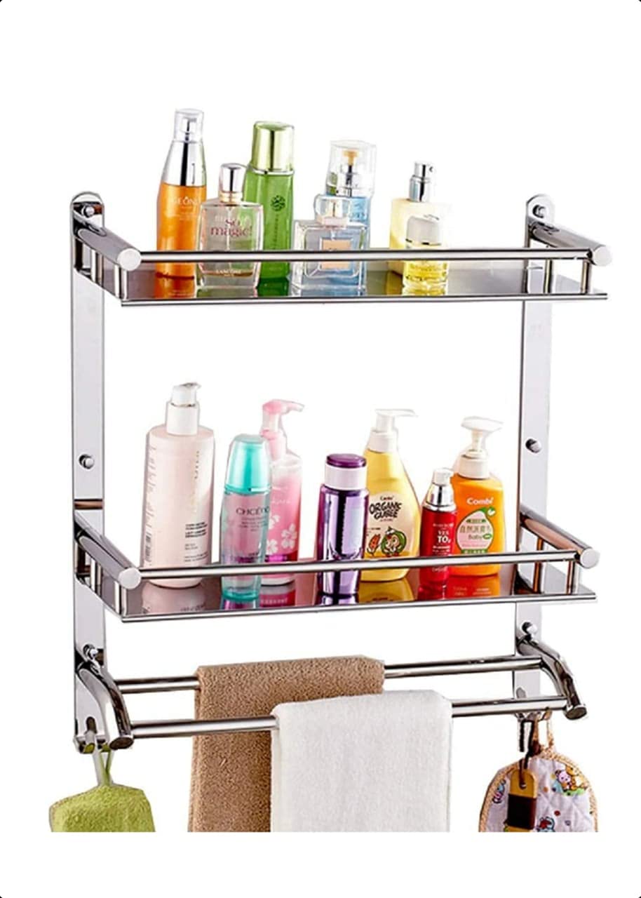 Filox Double Layer Shelf Stainless Steel with Towel Road Multipurpose Bath Shelf Organizer Kitchen Shelf Towel Self Bathroom Shelf and Rack Bathroom Accessories-Chrome Finish (B08XZK62QC) Amazon Price History, Amazon Price Tracker