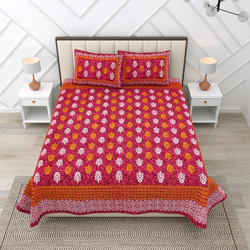 Image of RajasthaniKart 100% Cotton 180 TC King Size BEDSHEET with 2 Pillow Cover - 90X108 (Suitable for King Size Bed Sheet or Double Bed, Red Booty Jaipuri, 5302)