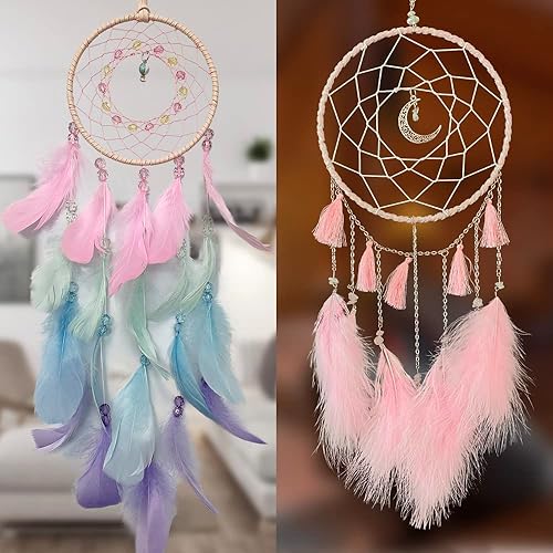 Atrapasueños rosados y nativos hechos a mano atrapasueños para niños y niñas, dormitorio, pared, decoración para colgar en el hogar