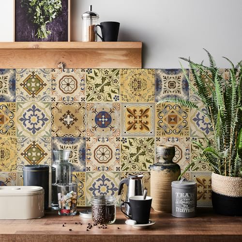 24 calcomanías de azulejos marroquíes de 10 x 10 cm para cocina, baño, vintage, impermeable, a prueba de aceite, autoadhesivas, para suelo, vinilo para pared