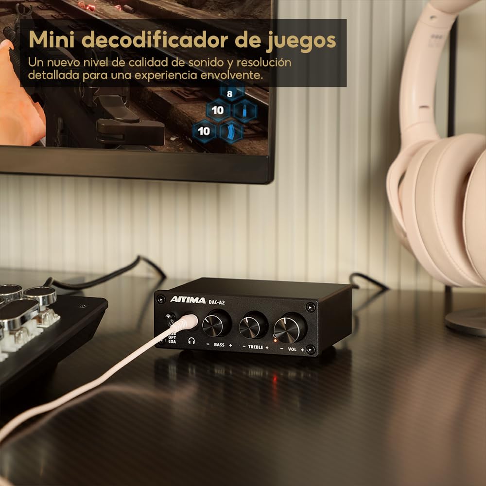 AIYIMA DAC A2 Amplificador de auriculares DAC Convertidor DAC estéreo de digital a analógico para PS5/PC/MAC Juego de sobremesa DAC Amp PC-USB/Coaxial/Optico a 3.5mm AUX RCA Salida de auriculares