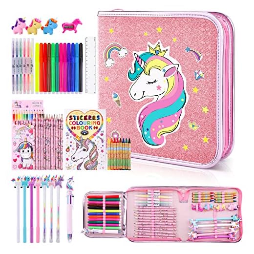 56pcs Rotuladores de Colores para Niñas, Lápices de Colores para Niños, Juegos de Pintura con Estuche, Acuarelas, Papelería y Suministros Escolares Arte para Artesanía, Regalo Unicornio (Unicorni 2)