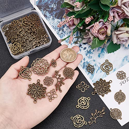 SUNNYCLUE 1 Box 60Pcs 10 Styles Flower Connector Charm Antique Bronze Hollow Filigree Floral Links Alloy Flat Round Leaf Knot Vintage Pendants for Jewelry Making Charms DIY Bracelets Findings - Image 3