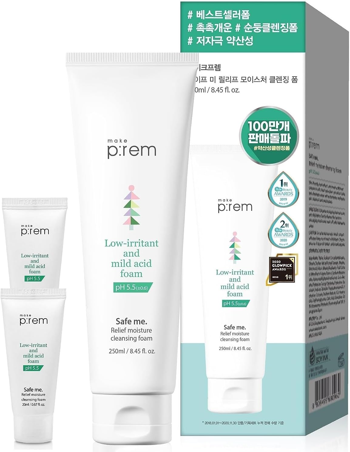 MAKE P:REM Safe Me. Relief Moisture Cleansing Foam 8.45 fl.oz. /250ml, with Safe me.Moisture cream 10m | Sub acid pH 5.5 Facial Cleanser Suitable for Sensitive and Irritated Skin by