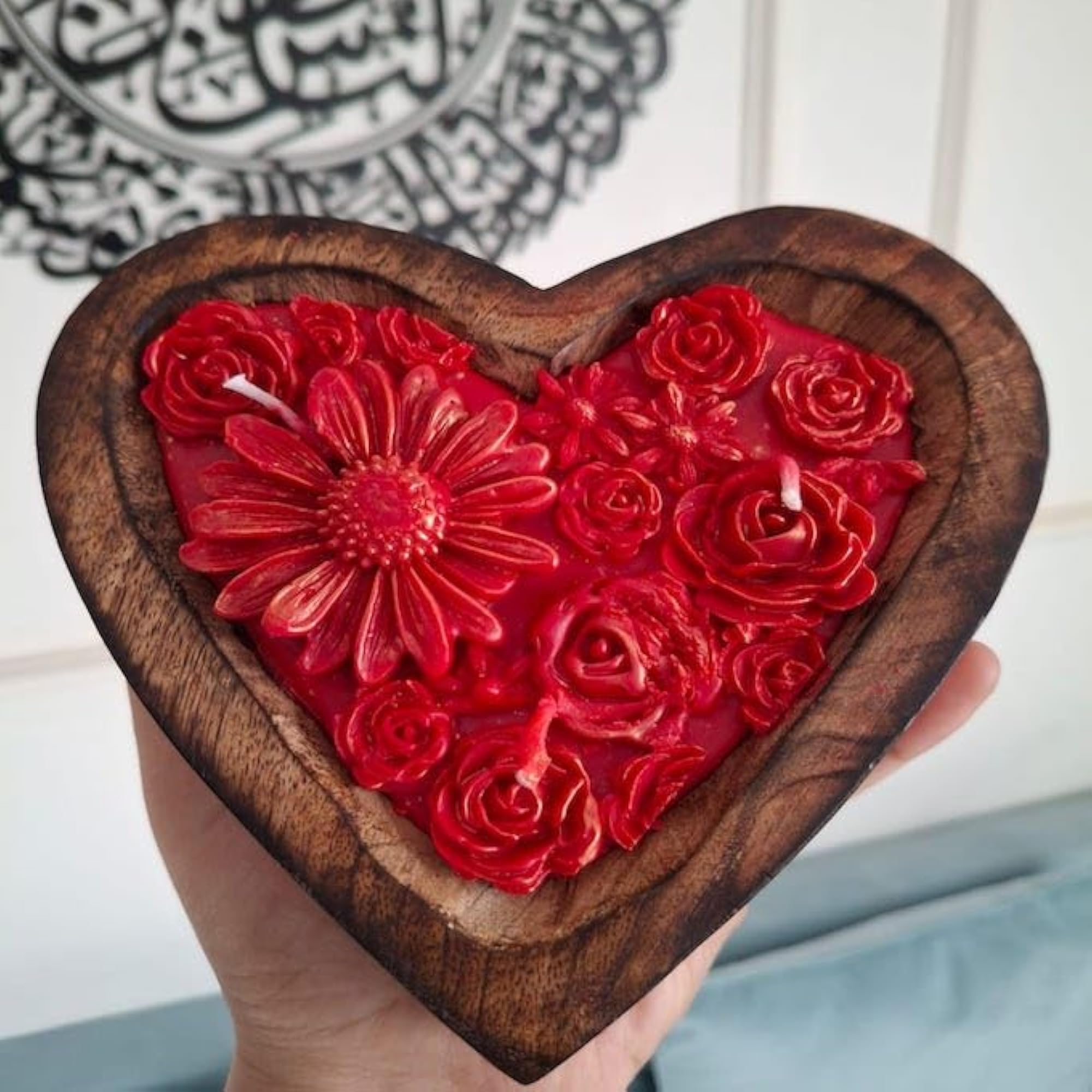Heart Shape Flower Wooden Platter Candle