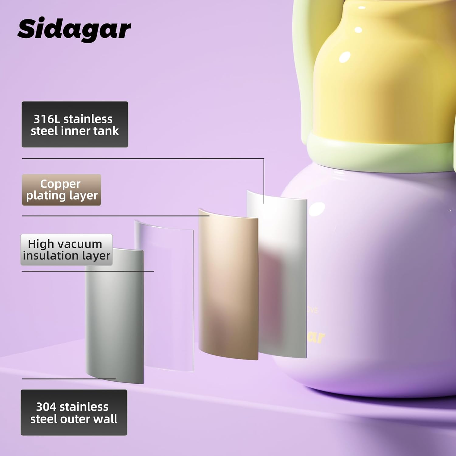 22 oz Water Bottle with Straw and Bowl, Wide Mouth Insulated Stainless Steel Tumbler, Cute Aesthetic Cup for Women & Kids, Leakproof Cold 24H Travel Flask, Heart Charm Lavender Purple - Image 7