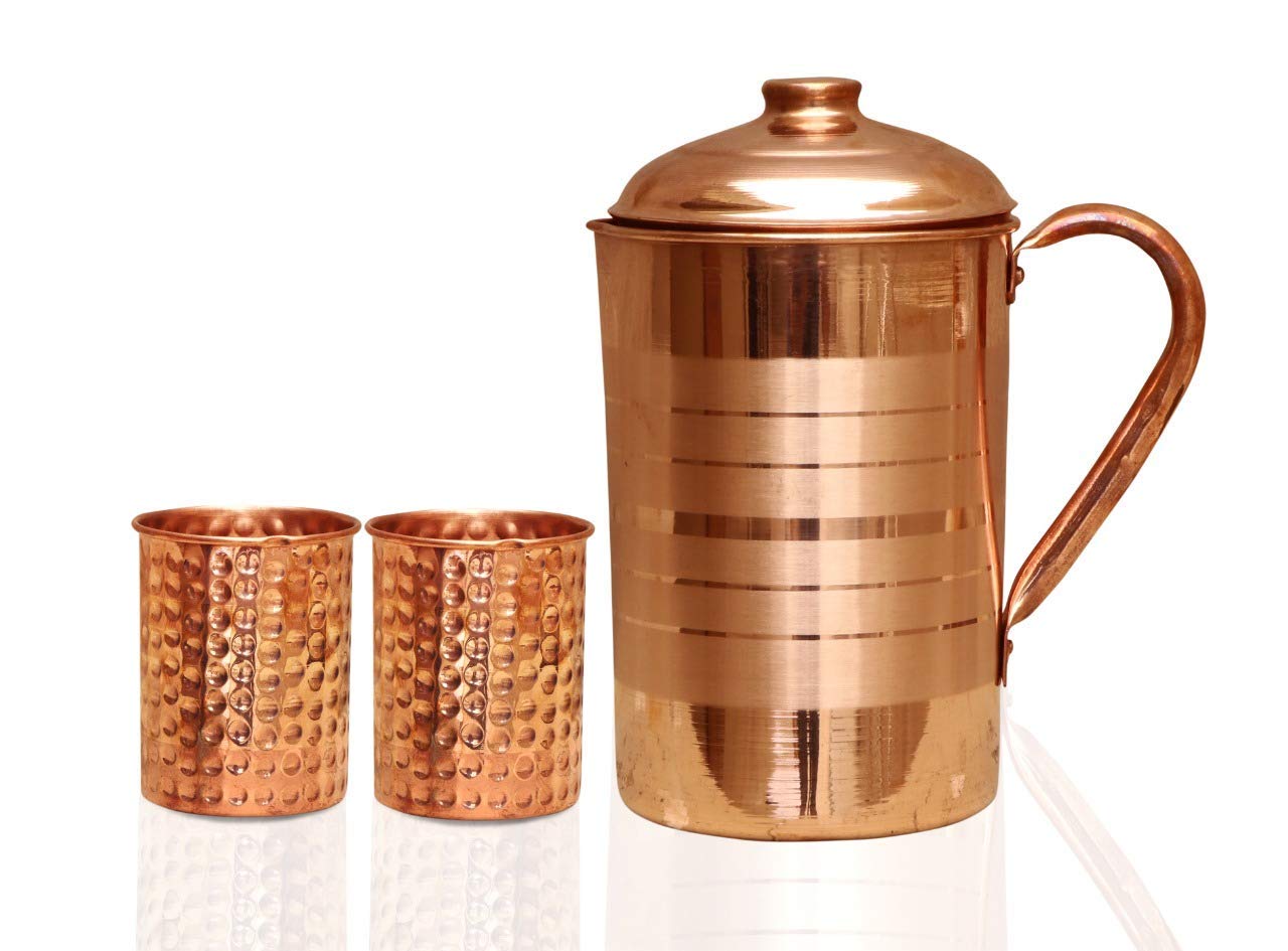 K K TradersSet of 1 Pure Copper Jug & 2 Hammered Tumbler Glass Set for Drinking Water and Storage - Set of 3