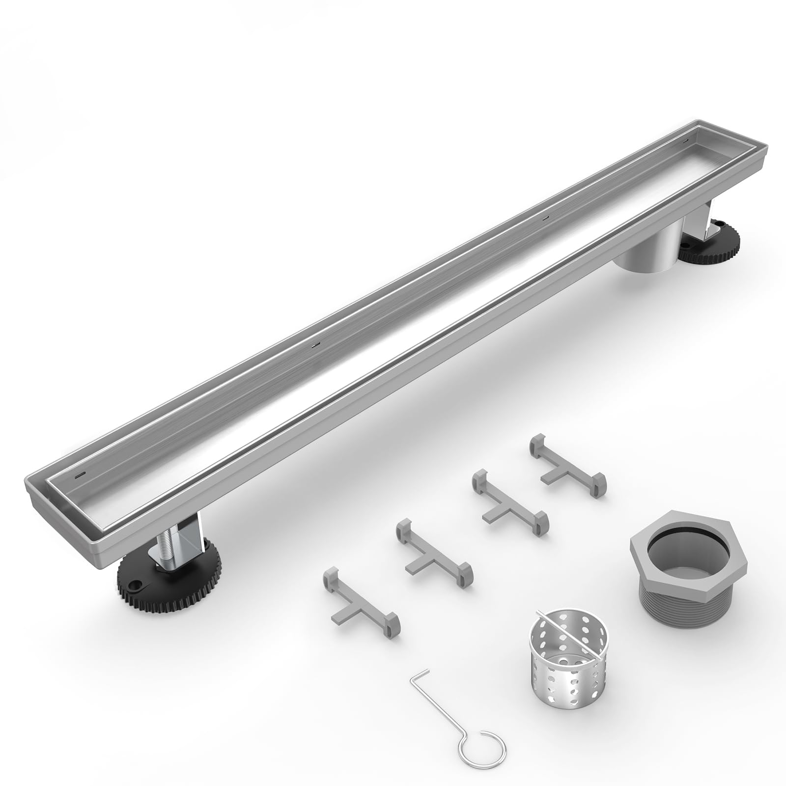 (similar))Shower Drain Offset for Bathroom:  Brushed Nickel Linear Shower Drain with Removable Tile Insert Grate - Steel Rectangular Shower Floor Drain Side Outlet with Hair Catcher