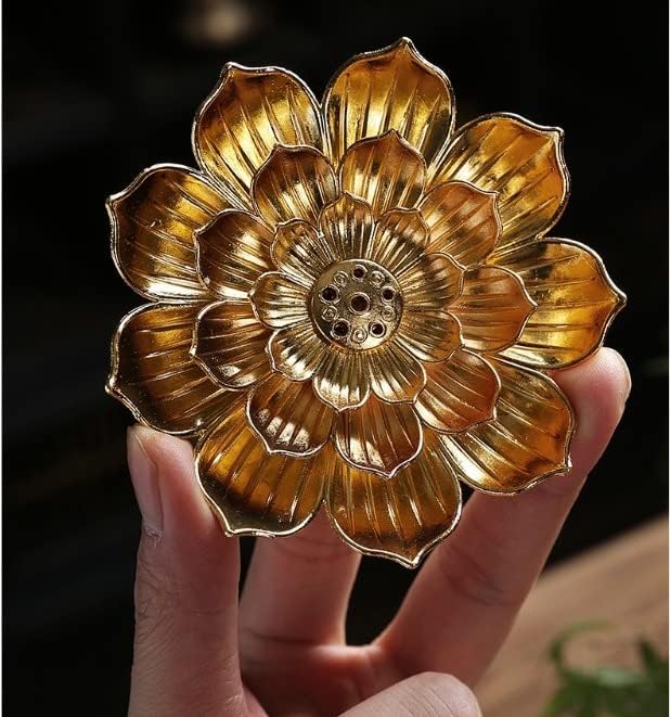Image of SATYAM KRAFT 2 Pcs Lotus Flower Design Agarbatti Stand Incense Holder and Detachable Ash Catcher Metal for Festive Decorations setup, Mandir, Pooja, Wedding & Spiritual Events, Insence Burner (Golden)