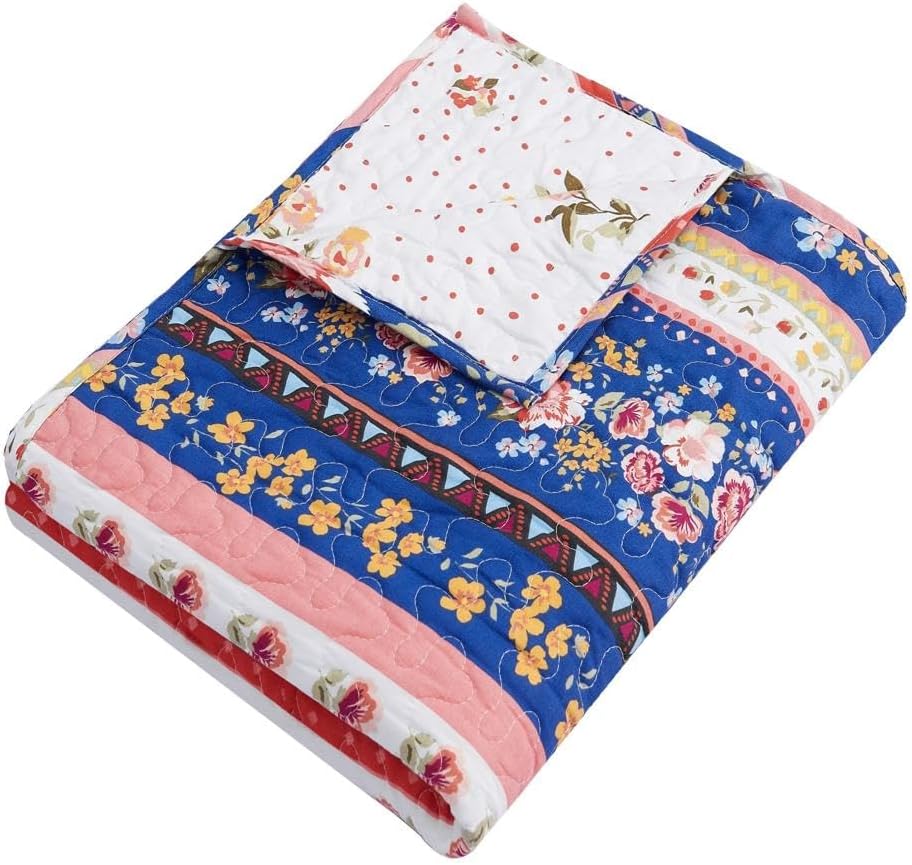 Greenland Home Melania Reversible Cotton Quilted Throw Blanket, 50x60-inch, Americana Blue