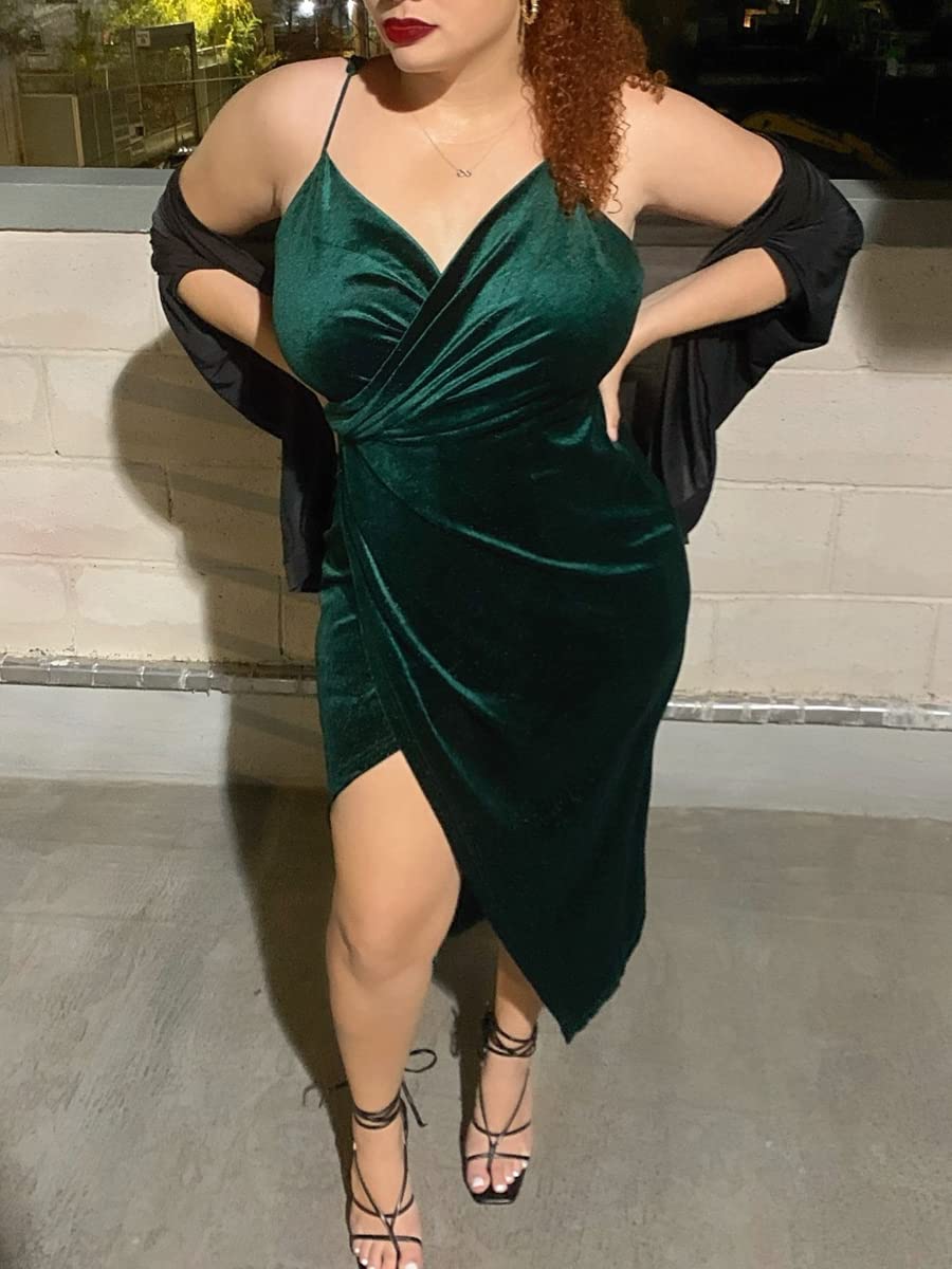 Missufe Robe Velours Femme Hiver Soirée Manches Longues Moulante Col en V Robe pour Fête Cocktail Club