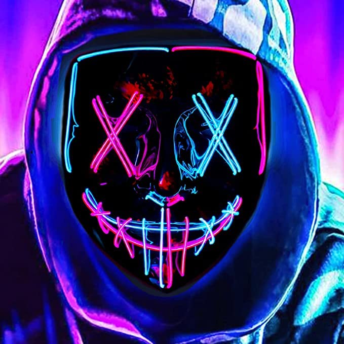 QISHENG Máscara de Halloween LED fantasia de Halloween LED Glow Scary Light Up Purge máscaras para festival festa carnaval disfarce de Natal cosplay brilha no escuro (rosa azul)