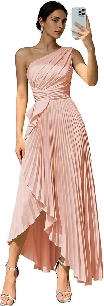 Womens Bridesmaid Dresses Satin Long - One Shoulder Maxi Formal Prom Party Gown Pleated Bridesmaid Dress for Women