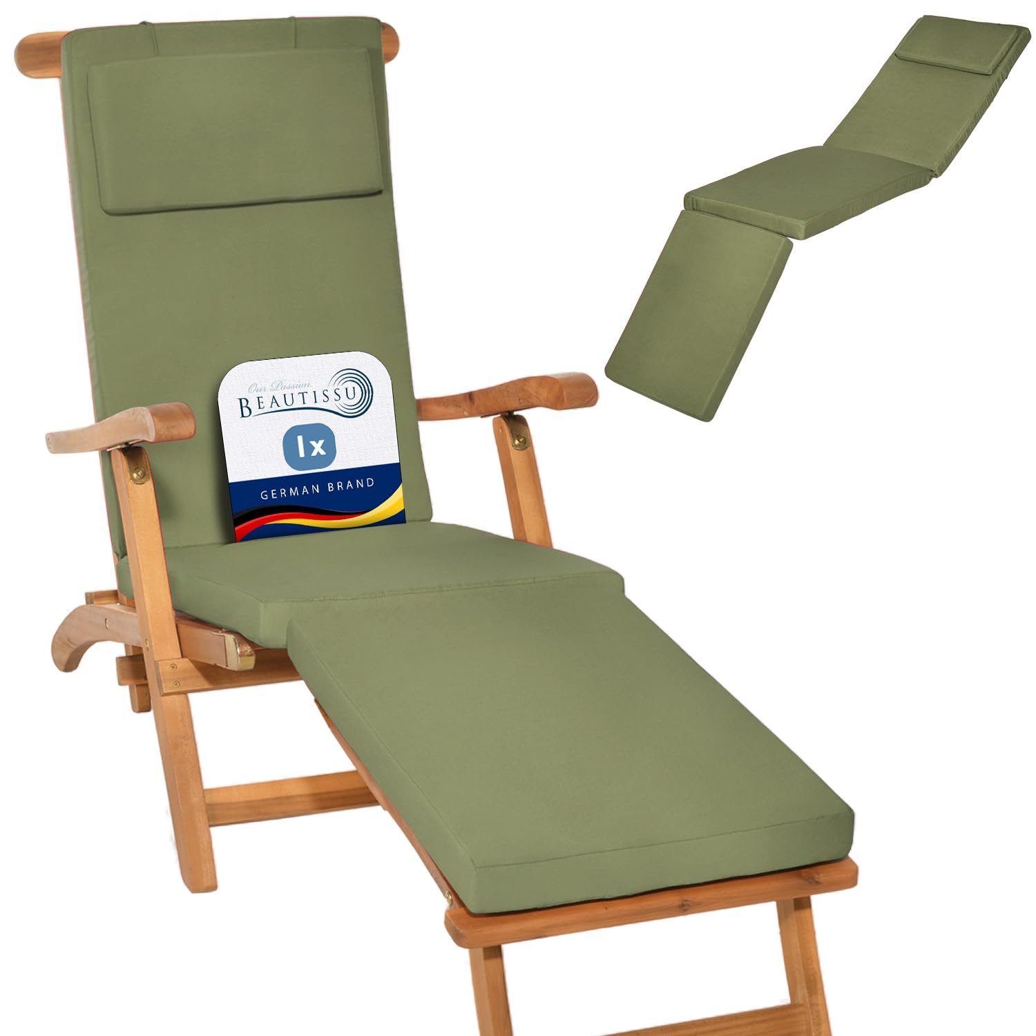Beautissu 2x Deck Chair Sun Lounger Cushion Pad 175x45x5 cm Loftlux DC – Comfortable Garden Recliner Cushion Steamer Sunbed Sunlounger Chair Dark Olive Green – Removable Washable Cover