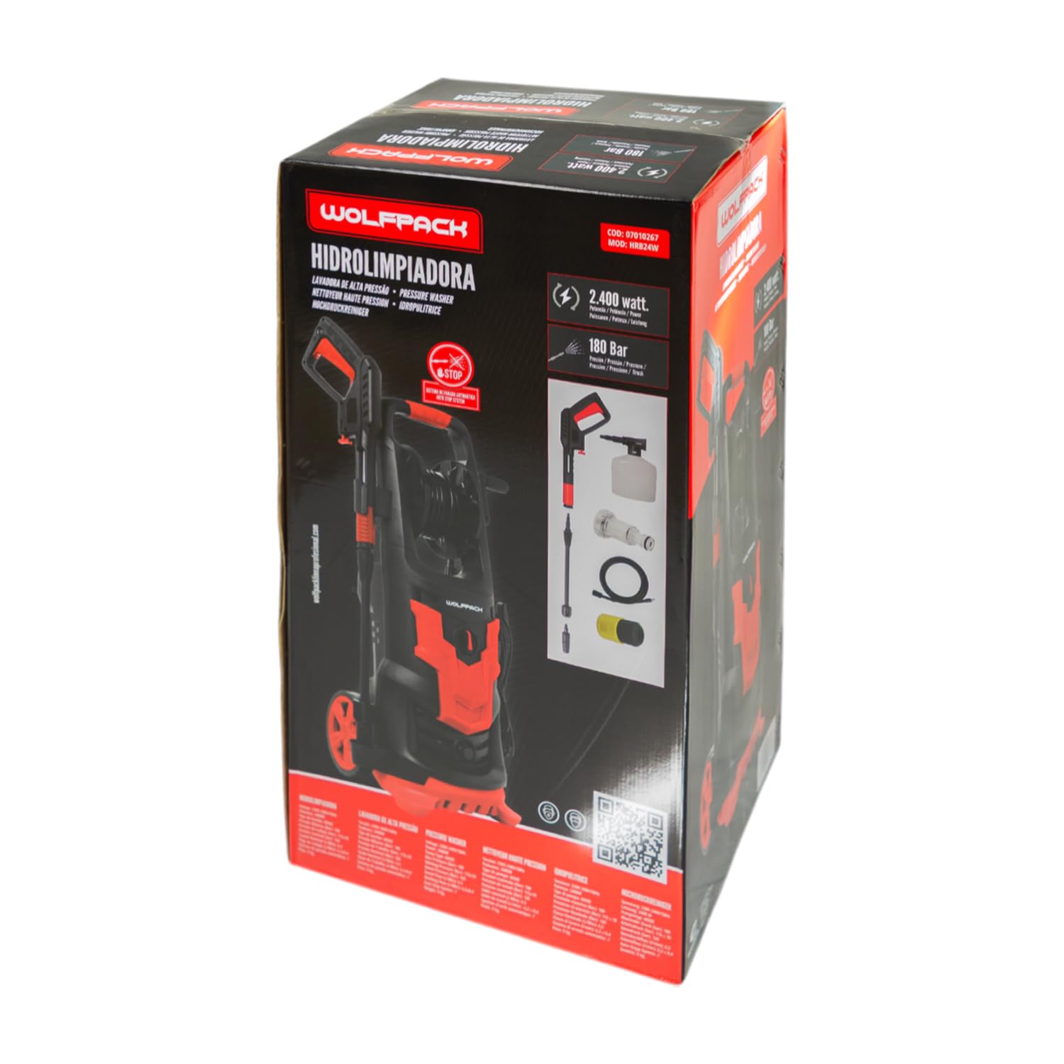 Hidrolimpiadora Alta Presión 180 Bares 2.400 Watt. Con Accesorios 390 Litros/Hora. Limpiadora de Agua Con Deposito Detergente